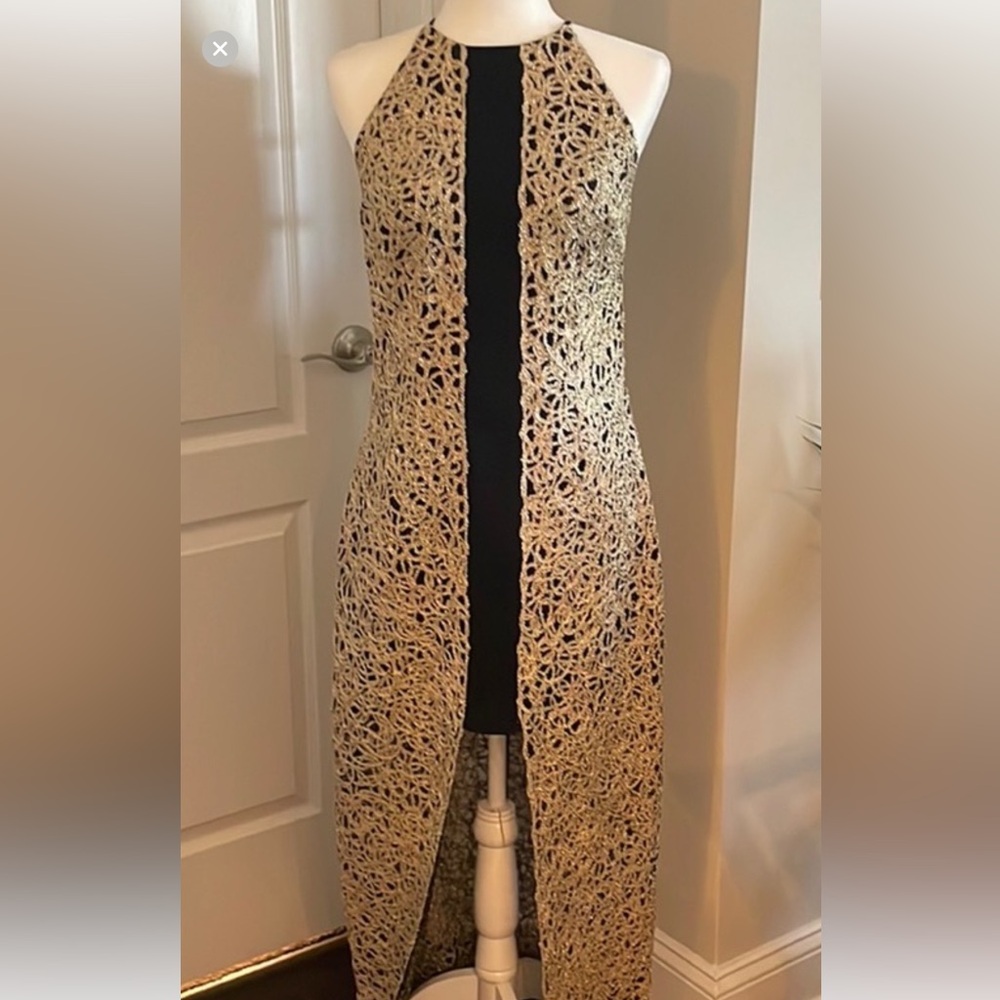 BELLE BADGLEY MISCHKA Elegant Black and Gold Embroidered Dress Size US 10 - Picture 2 of 15